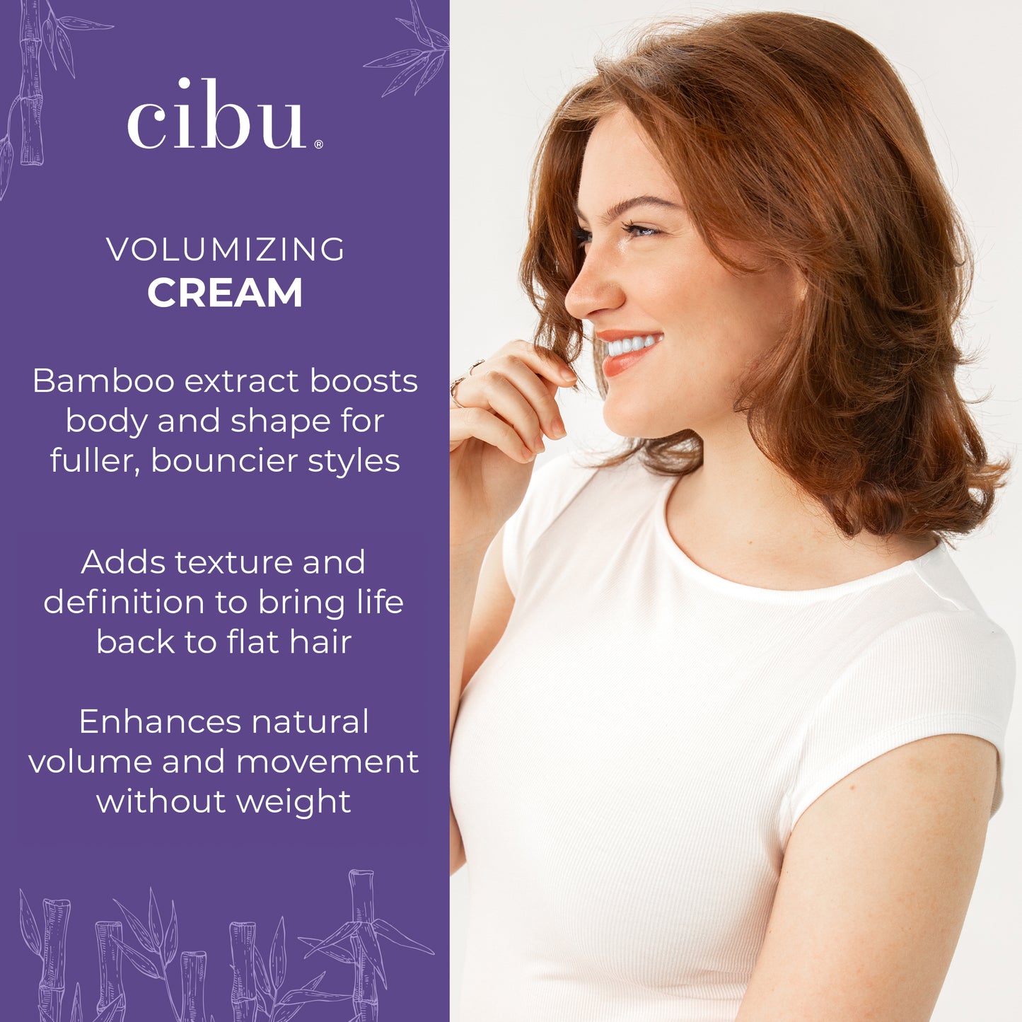 Woman with styled hair next to Cibu volumizing cream advertisement