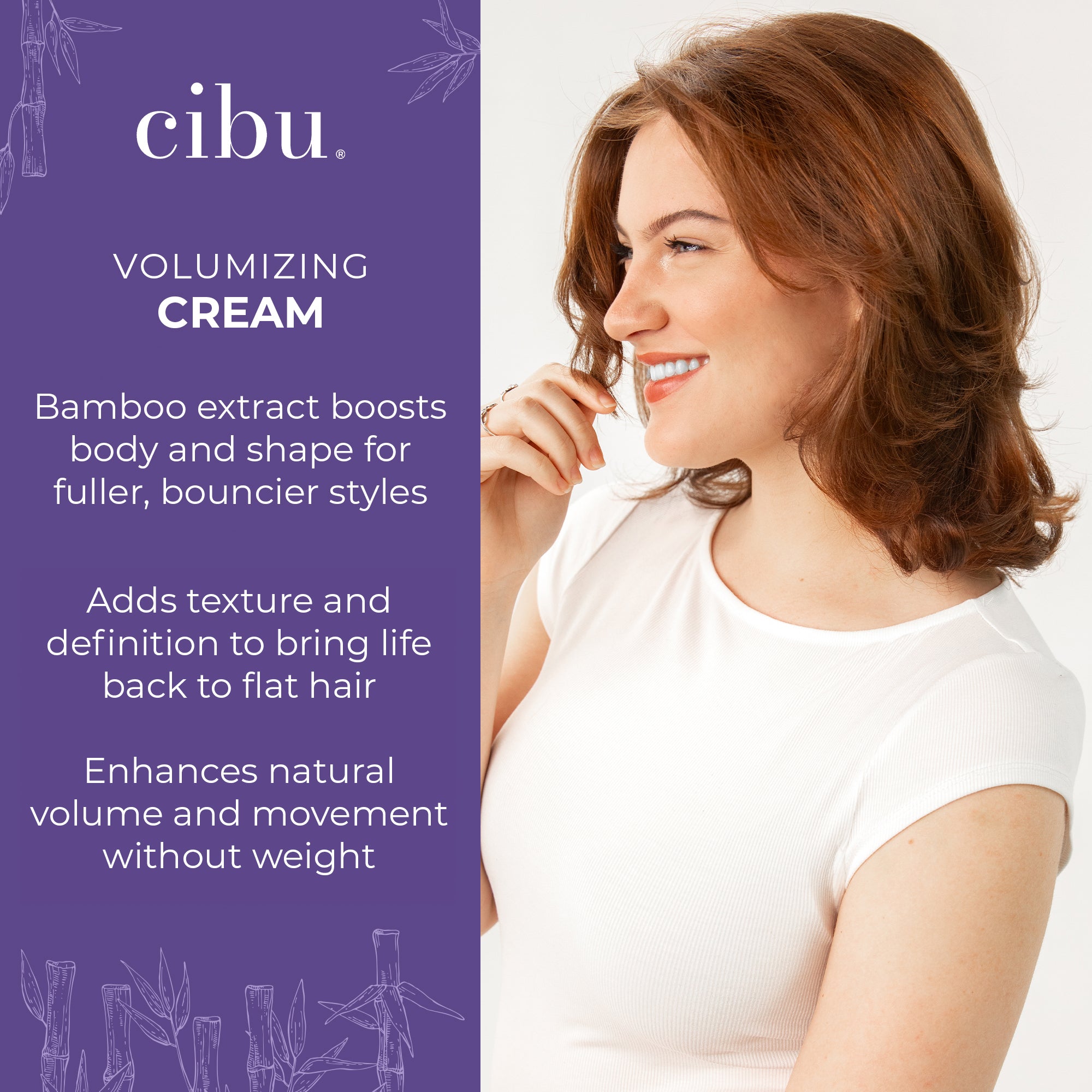 Woman with styled hair next to Cibu volumizing cream advertisement