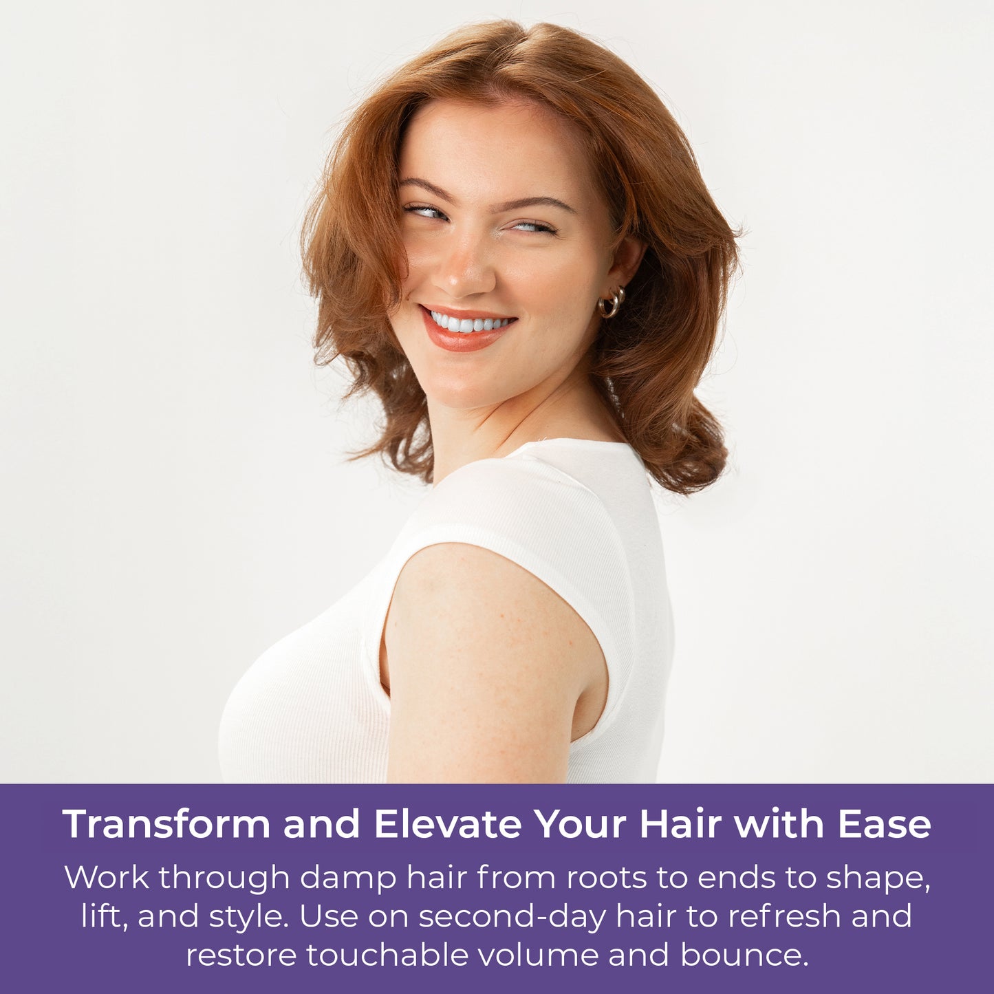 Woman with styled hair on a white background with promotional text about hair care product.