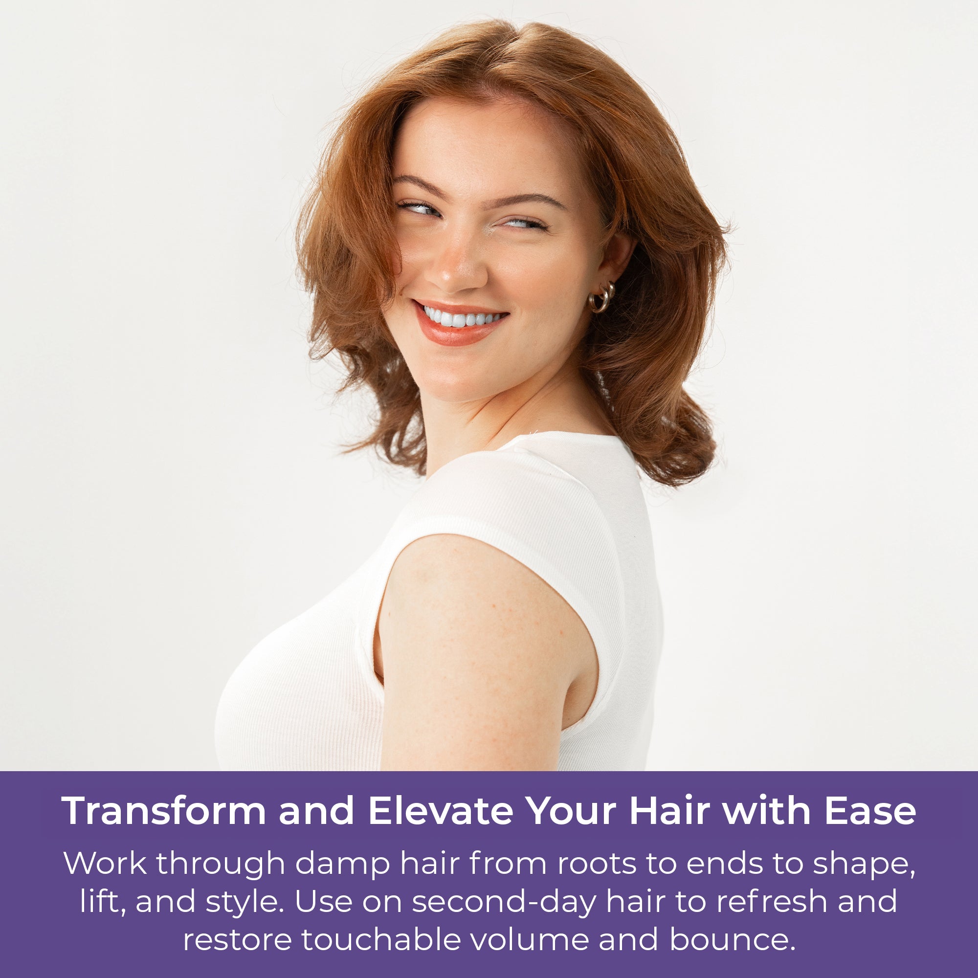 Woman with styled hair on a white background with promotional text about hair care product.