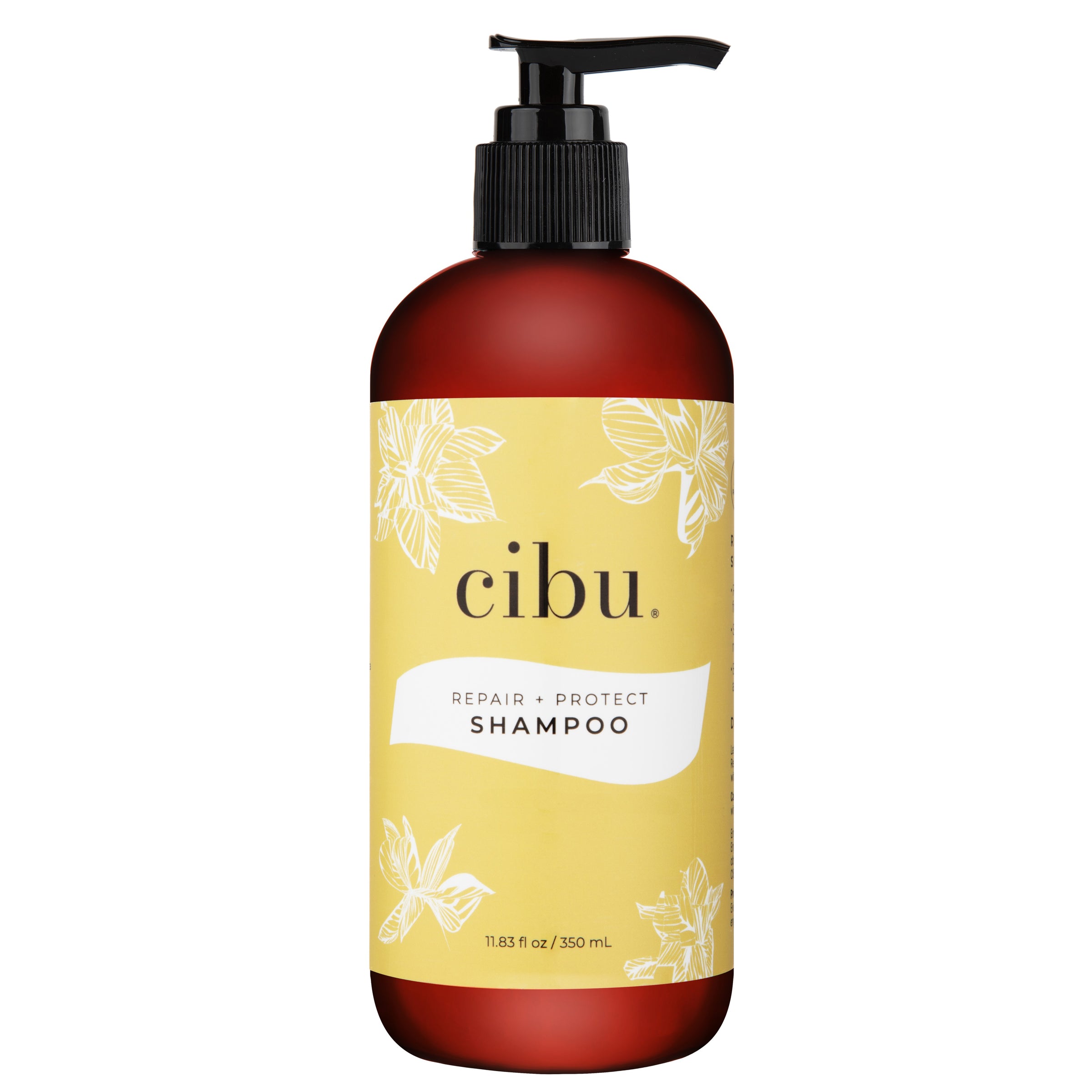 A bottle of Cibu Repair + Protect Shampoo with a pump dispenser. The label is yellow with floral designs.